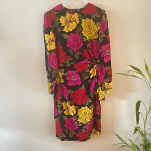 Barrie Pace Ltd. Silk Dress Womens 6 Floral Faux Wrap Cocktail Long Sleeve